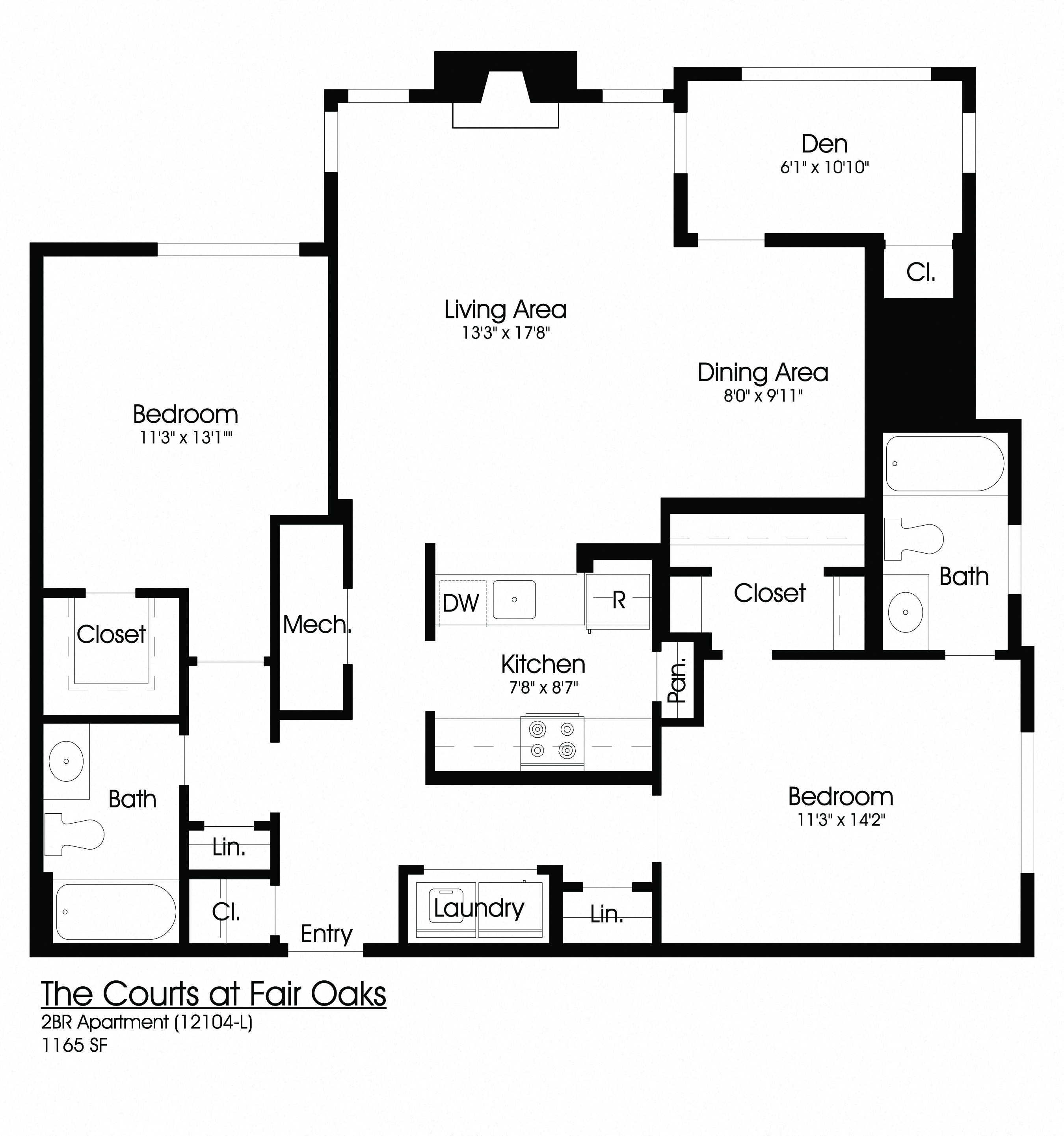 Floor plan for 2 beds, 2 baths, 1200 sqft